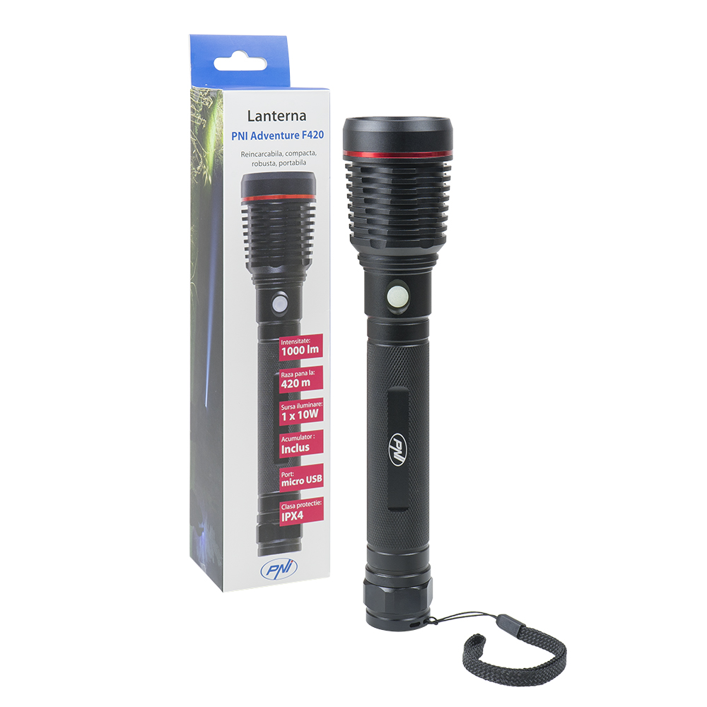 Lanterna Pni Adventure F420, Led 10 W, 1000 Lm, Cu 2 Acumulatori Inclusi, 8000 Mah Tip 26650