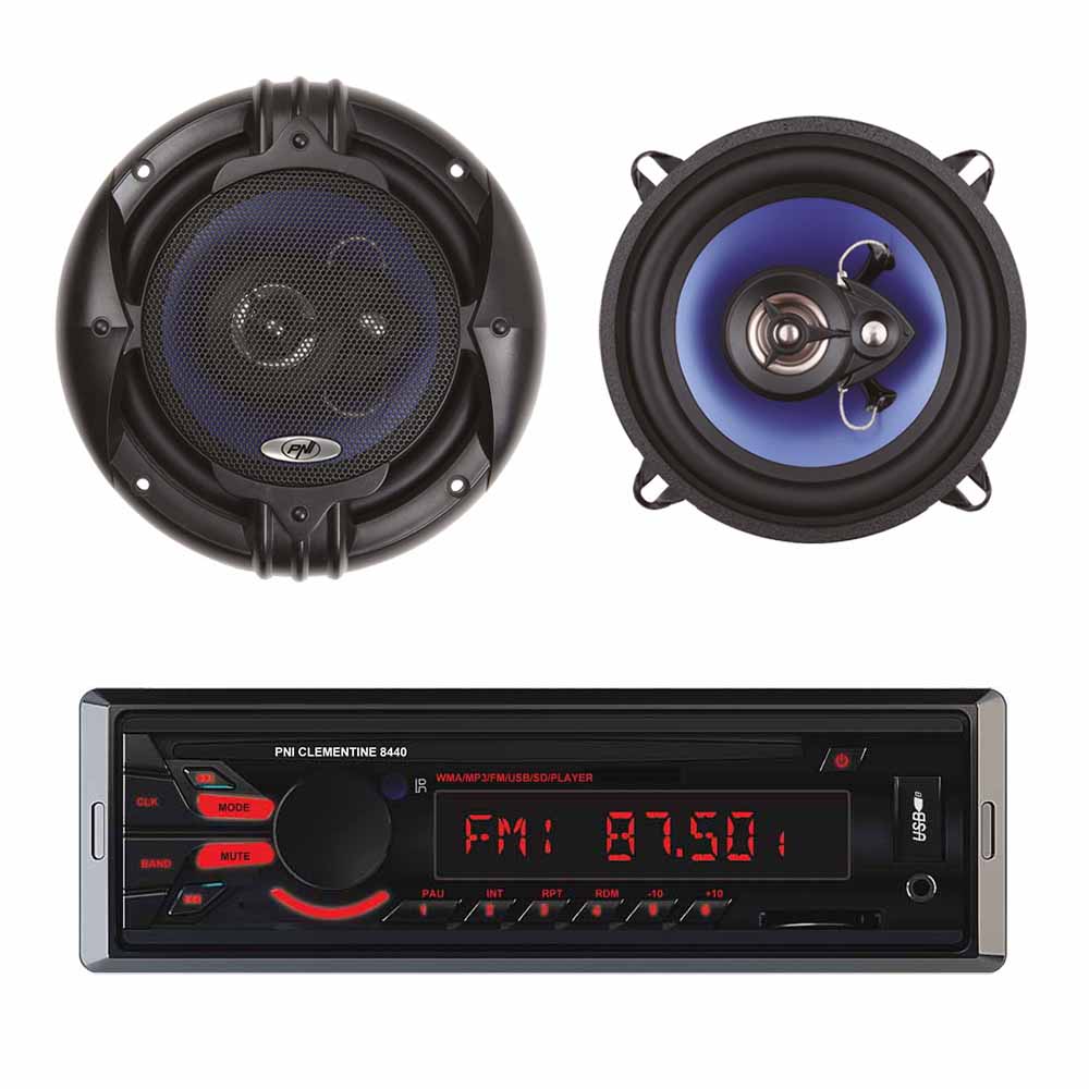 Pachet Radio Mp3 Player Auto Pni Clementine 8440, 4X45w Usb Sd Aux 12V + Set 2 Difuzoare Auto Coaxiale Pni Hifi500, 100W, 12.7 Cm