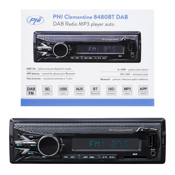 Radio Mp3 Player Auto Dab Si Rds Pni Clementine 8480Bt 4X45w, 12/24V, Cu Sd, Usb, Aux, Rca, Bluetooth Si Usb 1.5A