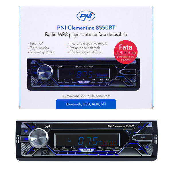 Radio Mp3 Player Auto Pni Clementine 8550Bt, Fata Detasabila, 4X45w, 12V, 1 Din, Cu Sd, Usb, Aux, Rca