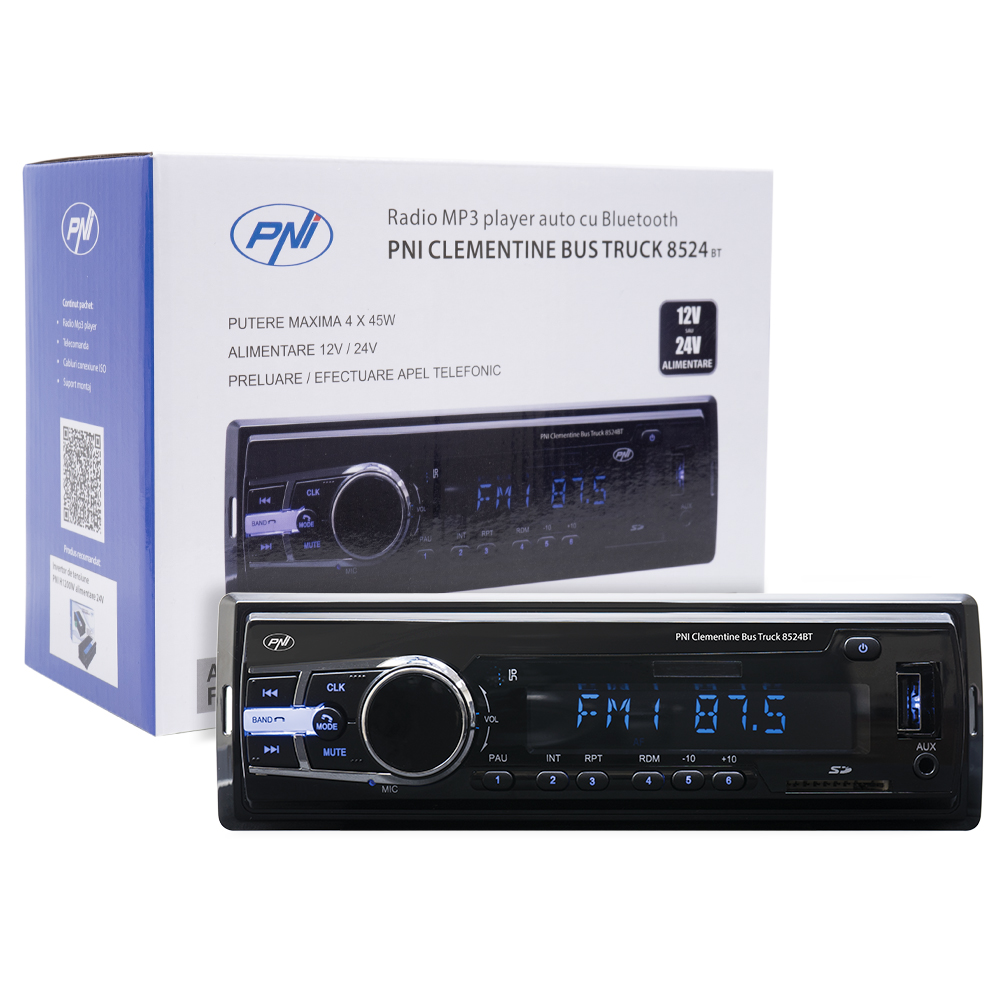 Radio Mp3 Player Auto Pni Clementine Bus Truck 8524Bt Rds 4X45w 12V/24V Cu Sd, Usb, Aux, Rca Si Bluetooth