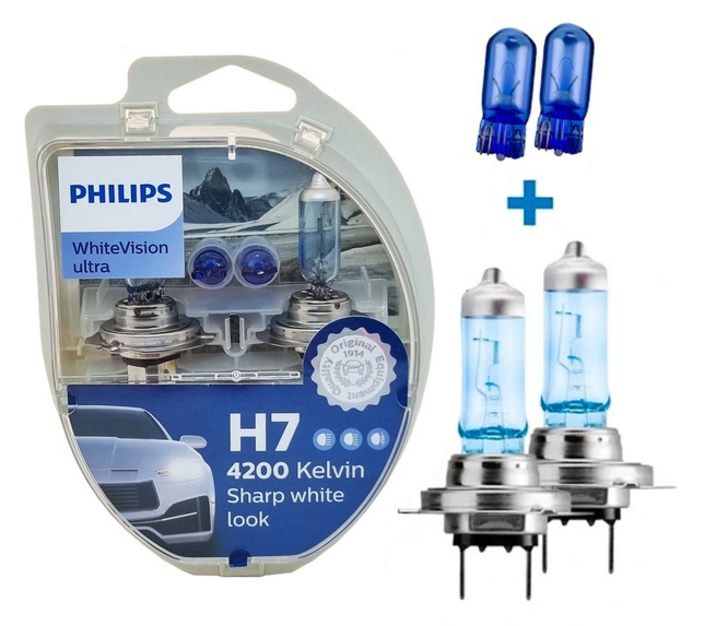 Set becuri halogen H7 + W5W 12V 55W Philips White Vision Ultra 